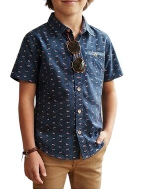 CACTUS Boys Fox Print Short Sleeve Button Down Navy Blue Size 9-10Y